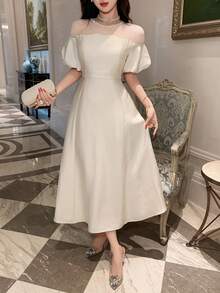 DAZY 女士优雅串珠拼接灯笼袖连衣裙，夏季 - 杏色 - 查看 4