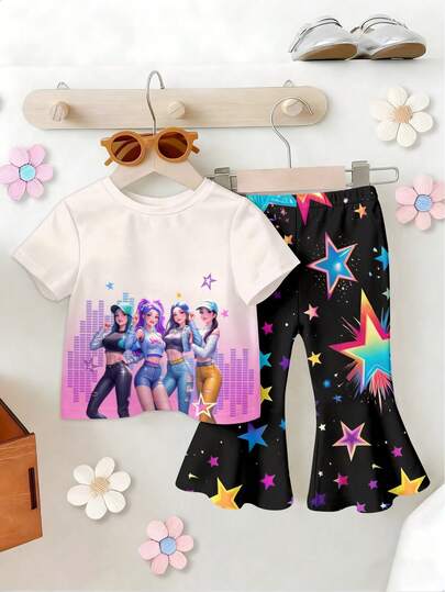 2pcs/Set Girls K-Pop Girl Group Graphic Print Round Neck Short Sleeve T-Shirt Top And Colorful Star Flare Pants Set, Casual Daily Outfit For Baby/Toddler Girls, Spring/Summer Baby Girl Streetwear Baby Girl Outfit Baby Girl Birthday Clothes Baby Girl Clothes Skirt Baby Girl Clothes Set