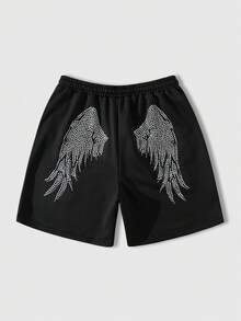 ROMWE MEN 男士松紧腰休闲水钻装饰夏季短裤 - 黑色 - 查看 5