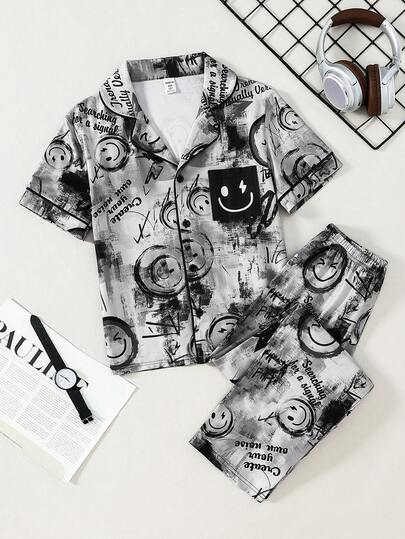 Boys' Graffiti Style Smiling Face Cartoon Graffiti Print Short Sleeve & Pants Pajama Set, Streetwear Inspired Casual Homewear