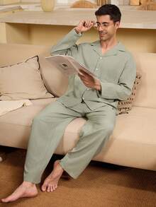 Velminro 男士纯色纽扣长袖上衣和裤子睡衣套装 - 綠色 - 查看 5
