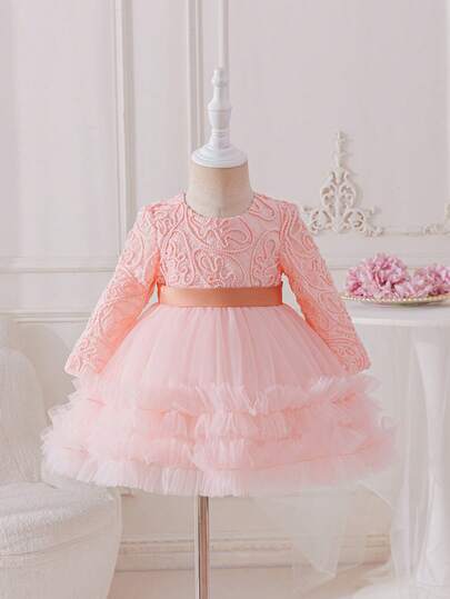 Glamorique Kids Baby GirlLong Sleeve Mesh Embroidered Tulle Dress, Champagne Color, Birthday Party Flower Girl Dress, Baby Girl Christening Gown