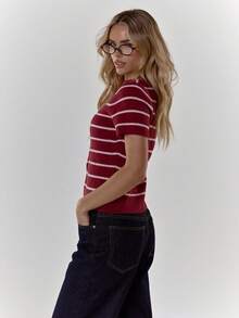 MUSERA 条纹罗纹针织纽扣修身短袖上衣，舒适可爱休闲，适合咖啡馆、俱乐部、冬季、优雅晚宴、情人节、春夏等场合。 - 酒紅色 - 查看 4