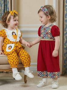 SHEIN Bộ đồ liền thân tay ngắn cổ tròn xếp nếp họa tiết chắp vá cho bé gái, Xuân/Hè - Màu Đỏ Sâu - Xem 1