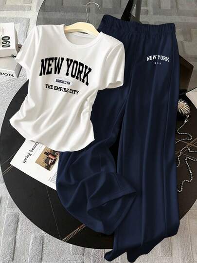 Resyla 两件套女士休闲纽约印花短袖T恤和裤子套装