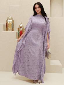 Yasmyna Women's Solid Color Elegant Boat Neck Turkish Maxi Dress, Arabic Traditional Long Robe - Dusty Purple - View 5