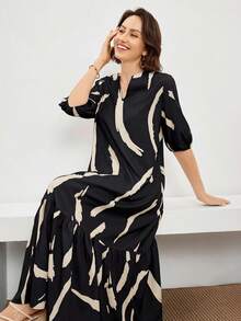 Miaspire Women's Daily Wear Holiday Spring And Summer V-Neck Brush Print Khaki Daily Casual Modest Dresses For Mothers Day - Black - View 6