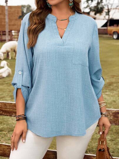 EMERY ROSE Plus Size Casual Daily Notched Neck Pocket Long Sleeve Shirt, Autumn V Neck Blouses For Women Baby Blue Top Women