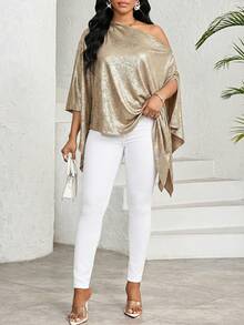 SHEIN Lady Women's Elegant Oblique Shoulder Split Sleeve Loose Blouse, Autumn Plus Size Women Clothes Batwing Sleeve Top Asymmetrical Top Plus Poncho Top Asymmetrical Poncho - Gold - View 5