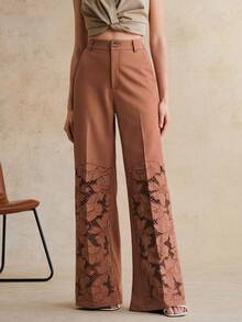 Anewsta Spring/Summer High-Waisted Loose Fit Rust Brown Wide Leg Pants With Embroidery Detail, Suitable For Valentine's Day - Rust Brown - View 4