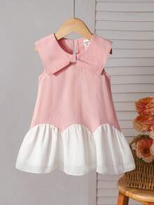 SHEIN Baby Girls' Cute Butterfly Collar Matching White Chiffon Hem Pink Dress, Suitable For Everyday Cute & Elegant Outfit - Multicolor - View 3