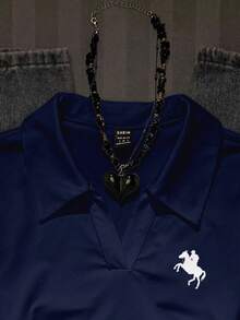 Attitoon 女士休闲时尚骑士印花翻领长袖T恤，赛马印花图案 - 藏蓝色 - 查看 3