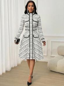 SHEIN Lady 女士立领插肩袖优雅中长连衣裙 - 白色 - 查看 5