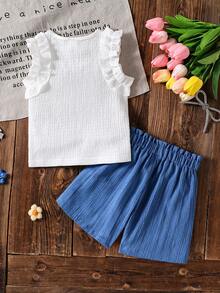 SHEIN Elladie kids مجموعة ملابس علوية كامي بطبعة جاكارد أيفوري مع تريم كشكش وشورت كشكش وردي، طقم صيفي جميل وجذاب للطفلة الصغيرة، تنورة زرقاء فاتحة، طقم ملابس أزرق وأبيض 2 قطعة، ملابس صيفية بطراز كلاسيكي للفتاة الصغيرة، طقم صيفي من قطعتين للأطفال، طقم ملابس أطفال من قطعتين، طقم شورت بطراز كلاسيكي جميل للأطفال - الأزرق - مشاهدة 2