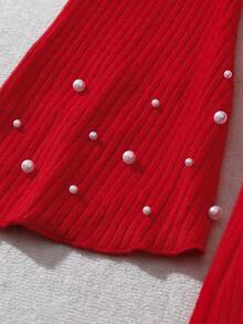 GlowEve CURVE 女士喇叭袖珍珠装饰修身优雅日常通勤时尚法式街头复古百搭圣诞派对新年假日商务红色长袖连衣裙，秋冬款 - 紅色 - 查看 6