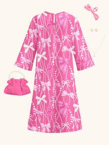 SHEIN Áo Abaya cầu nguyện Aurora Ahlam màu hồng, Áo Jalabiya hoa văn dễ thương và thanh lịch cho trẻ em với thiết kế ngọc trai và nơ, họa tiết ngôi sao và mặt trăng hoạt hình ngọt ngào thời trang, họa tiết nơ in, váy dài tay truyền thống cổ chữ V rộng rãi thoải mái cho bé gái, phù hợp mặc hàng ngày vào mùa xuân và mùa hè, váy maxi dài tay thanh lịch, không khí mùa xuân, áo Abaya cầu nguyện cho trẻ em, thoải mái dễ chịu, trang phục thường ngày, áo Kaftan kín đáo, áo Jalabiya cho trẻ em, phong cách mới - Nhiều màu - Xem 2