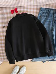 Áo nỉ cổ bẻ dài tay, khóa kéo nửa thân, kiểu dáng thường ngày cho nữ tuổi teen. - màu đen - Xem 2