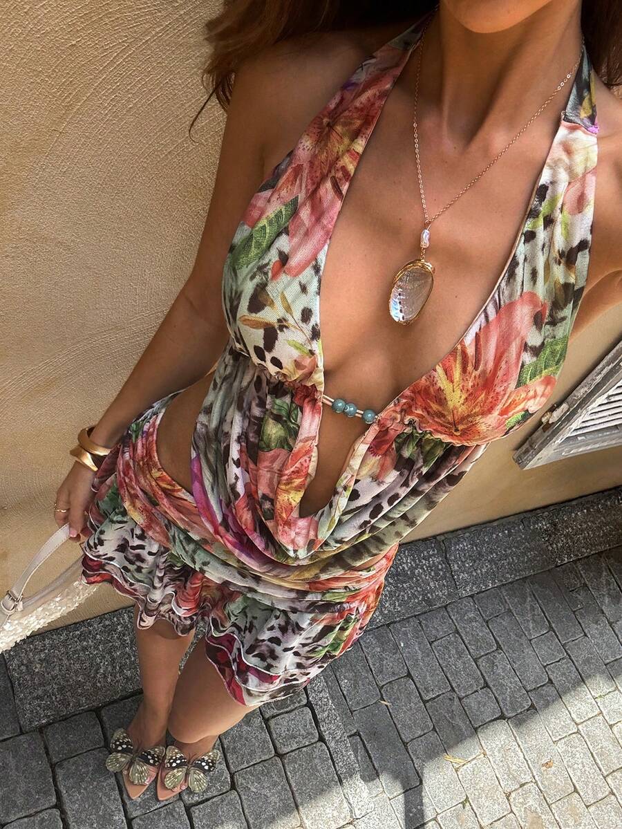 SHEIN BAE Leopard & Floral Print Halter Neck Ruffle Top And Mini Skirt Vacation Set,Elegant,Summer,Spring Break Outfits,Valentine's Day,Carnival,Beach Outfit For Women,Beach ,Vacation,Summer Holiday Outfits ,Going Out,Beach Skirt,Beach Dresses ,Cheetah Print,2026 New Arrivals, Suitable For Beach Vacations, Dates, Casual Wear, And Holidays.