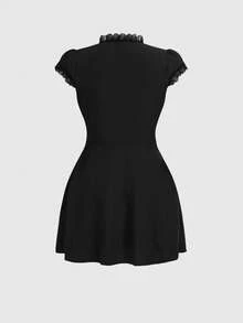 ROMWE Kawaii 百搭通勤纯色常规肩部纽扣系带蝴蝶结镂空修身衬衫裙，女士 - 黑色 - 查看 2