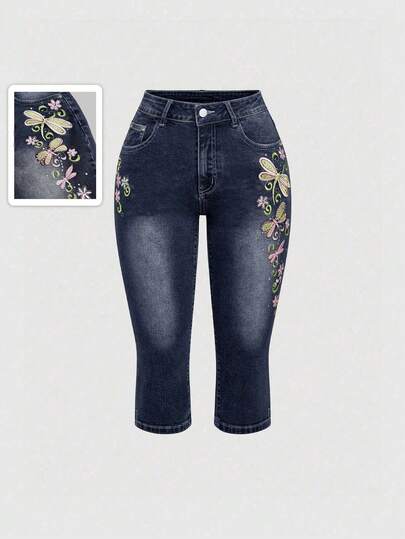 Jeans a vita super bassa a 3/4 da donna in stile retrò Y2K con ricamo di libellule