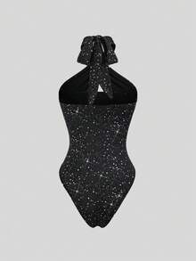 Sweetra Petite Women's Sexy Sequin Criss-Cross Halter Bodysuit, Stylish For Spring/Summer - Black - View 2
