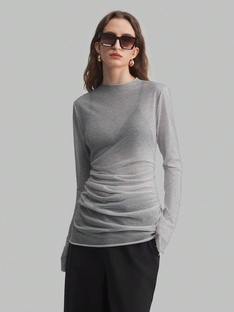 Ontre Áo sơ mi nữ tay dài cổ cao bằng vải lưới xuyên thấu 2026, đa năng cho đi làm thành phố, công sở thường ngày, thanh lịch cho hẹn hò, du lịch, đám cưới. Áo màu xám, áo tay dài, áo nữ, áo xuyên thấu, áo xếp ly, thời trang thành thị hiện đại, trang phục công sở nữ, phong cách giản dị, sang trọng, thanh lịch, cao cấp, thích hợp cho đi làm thành phố, sân bay, chất liệu cao cấp. - Màu Xám nhạt - Xem 1