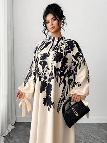 Elenzga Plus Size Casual Printed Long Sleeve Tie Cuff Dress - Multicolor - View 3