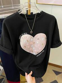 Resyla 心形刺绣设计简约女士常规短袖圆领T恤，送朋友的礼物 - 黑色 - 查看 4