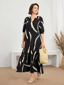 Miaspire Women's Daily Wear Holiday Spring And Summer V-Neck Brush Print Khaki Daily Casual Modest Dresses For Mothers Day - Black - View 5