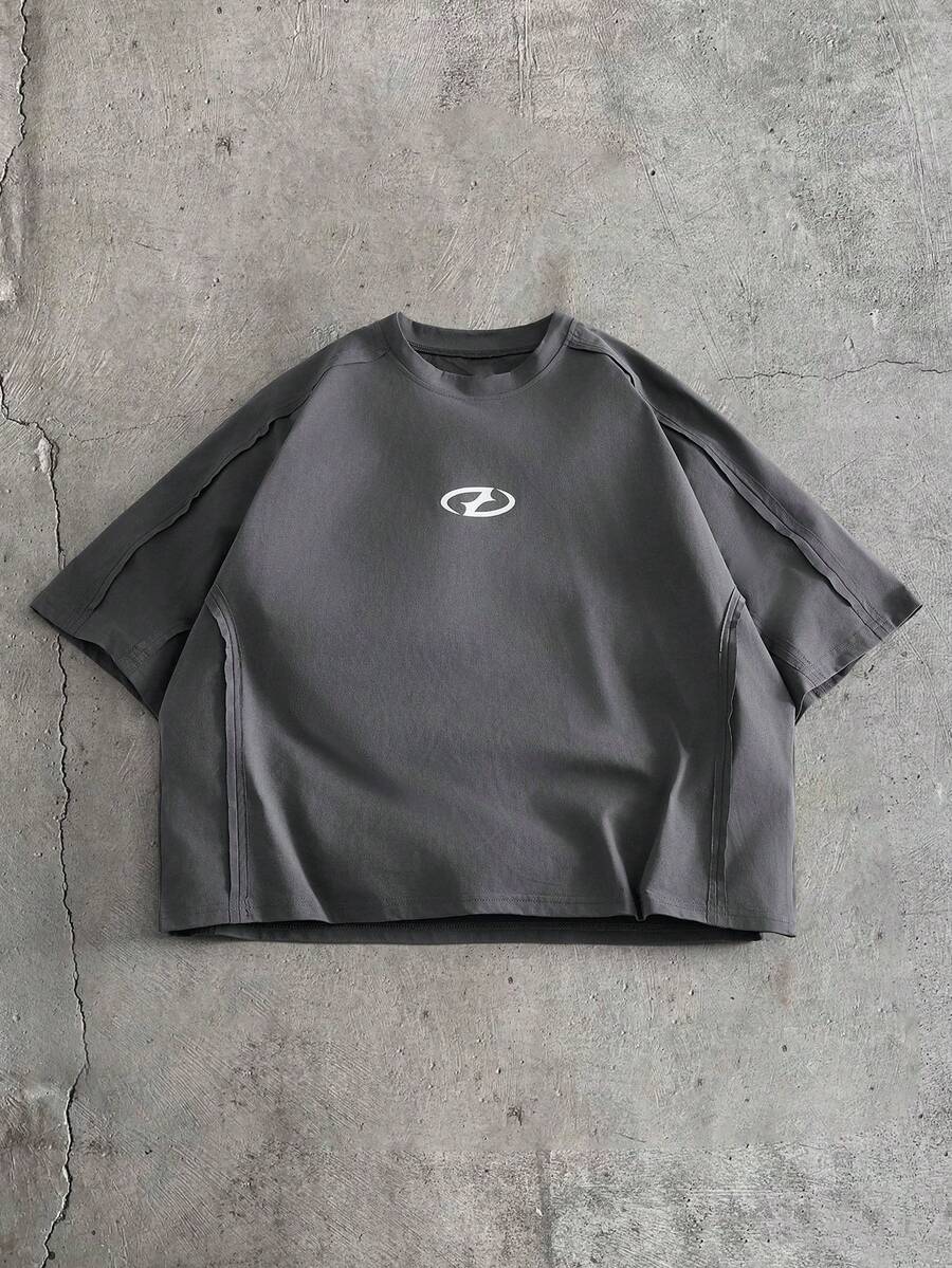 AXEPEAK T-shirt décontracté ample pour hommes, blanc, manches chauve-souris, patchwork, légèrement raide, été - Gris foncé - Voir 1