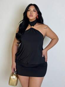 Firerie 大码舒适休闲优雅度假针织弹力褶皱口袋修身金属装饰纽扣无袖短款紧身连衣裙，适合春夏穿着。 - 黑色 - 查看 3