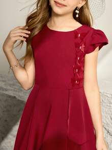 女童纯色A字蝴蝶装饰短裙，适合婚礼、舞会、生日派对、宴会等场合 - 酒紅色 - 查看 7