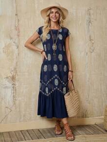 Faunlyn 女士碎花圆领泡泡袖休闲宽松荷叶边下摆连衣裙，适合夏季度假