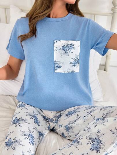 EURMUSE Women PLUS Cotton 2 Pcs Floral Pocket Detail Short Sleeve Shirt&Floral Patterned Long Pants Homewear Comfort Pajama Set Blue Pj Set Women Pjamas Set Summer For Women Pijama Set For Woman Sleep Wear Women 2 Piece Set
