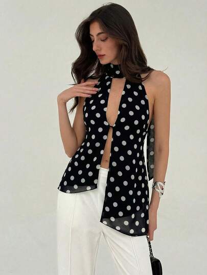 Aloruh 女士波点印花不对称下摆性感时尚露背吊带衫