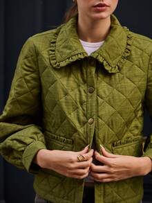 lacRébo Winter Green Quilted Jacket With Ruffled Collar And Button Front Winter Women Clothes Spring Summer  New Year - Army Green - View 11