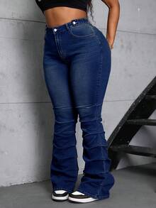 SHEIN CURVE+ Plus Size Women Cowgirl Blue Elastic Ruched Jeans, Rodeo For Women - Dark Wash - View 7