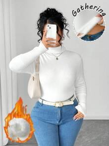 Elenzga 大码欧美新款博主同款简约优雅蓬松保暖内衬加厚高领长袖弹力修身套头衫 - 白色 - 查看 6