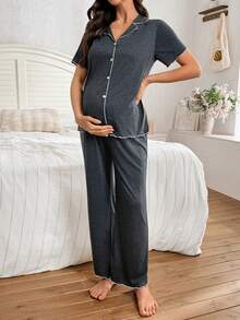 2pcs Solid Color Comfortable Knit Collared Short Sleeve Cardigan And Pants Maternity Loungewear Set - Dark Grey - View 8