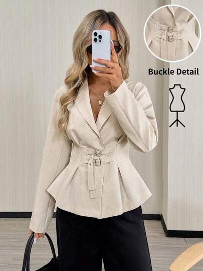 Easowa Women's Elegant Notched Lapel Buckle Waist Blazer Long Sleeve Work Jackets Office Ladies Casual Chic Peplum Coat Chic Women's Slim Fit Peplum Blazer Notched Lapel Belted Waist Long Sleeve Suit Jacket For Office & Casual Wear Elegant Ladies Formal Blazer With Buckle Detail Notched Collar Long Sleeve Peplum Hem Jacket Perfect For Work Women Blazers Women's Blazers Suit Jacket For Women Office Wear