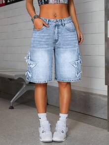 SHEIN ICON Embroidered Star Washed Low-Waist Women Denim Shorts - Light Wash - View 6