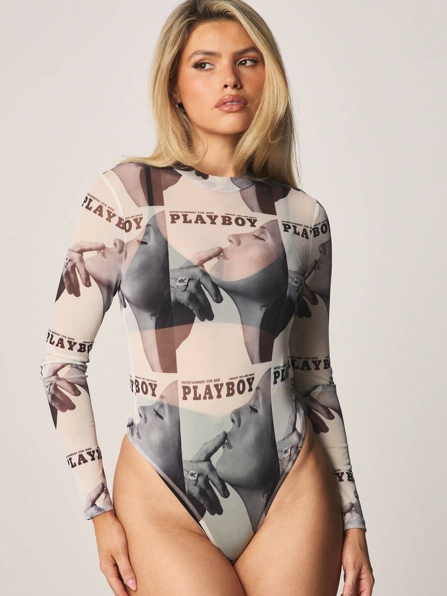 Missguided x Playboy Magazine Print Mesh Long Sleeve Bodysuit With High Neck Retro All Over Pattern - Multicolor - View 1