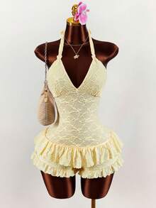 Amplova Women's Knitted Jacquard Halter Backless Jumpsuit With Twist Detail, Sexy And Avant-Garde For Vacation Outfit - Light Yellow - View 4