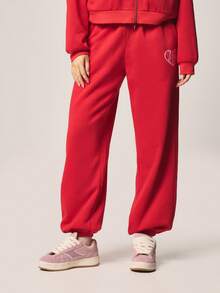 Missguided x Playboy Quần jogger ống rộng cạp cao in hình trái tim Valentine, có chun co giãn và dây rút ở mắt cá chân. - Đỏ - Xem 4