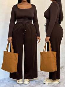 Slaydiva طقم قميص وبنطلون بلون أحادي للمقاسات الكبيرة، كاجوال للخريف/الشتاء - بني - مشاهدة 8