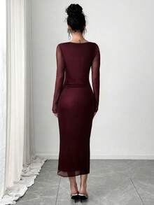 Firerie 节日新款情人节女士扎染印花粉色长袖修身优雅长裙 - 酒紅色 - 查看 2