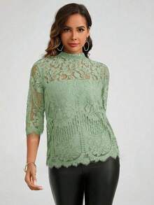 Amorya Women's Spring Stand Collar Lace Top - Mint Green - View 5