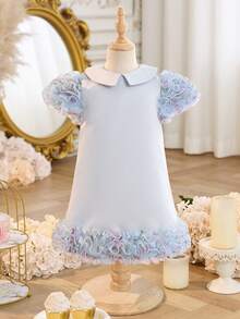 SHEIN 女童碎花彼得潘领短袖宽松休闲连衣裙 - 藍色 - 查看 6