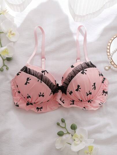 DelicateAllure Bow Print, Contrast Color, Underwire, Molded Cup, 3/4 Cup, Uplift, Push Up, Cleavage, Ruched Trim, Pleated Floral Trim, Cute, Fresh, Romantic, Backless, Bow, Cute Babydoll Women's Bra