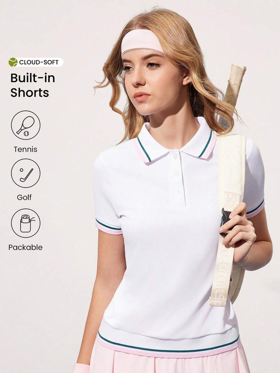 Gameset SHEIN Sport Camisa polo feminina de manga curta com estampa listrada em blocos de cores - Branco - Ver 1